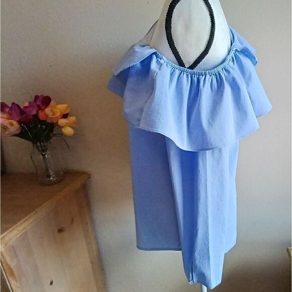 Calvin Klein Blue One Shoulder Ruffle Blouse - Picture 4 of 8